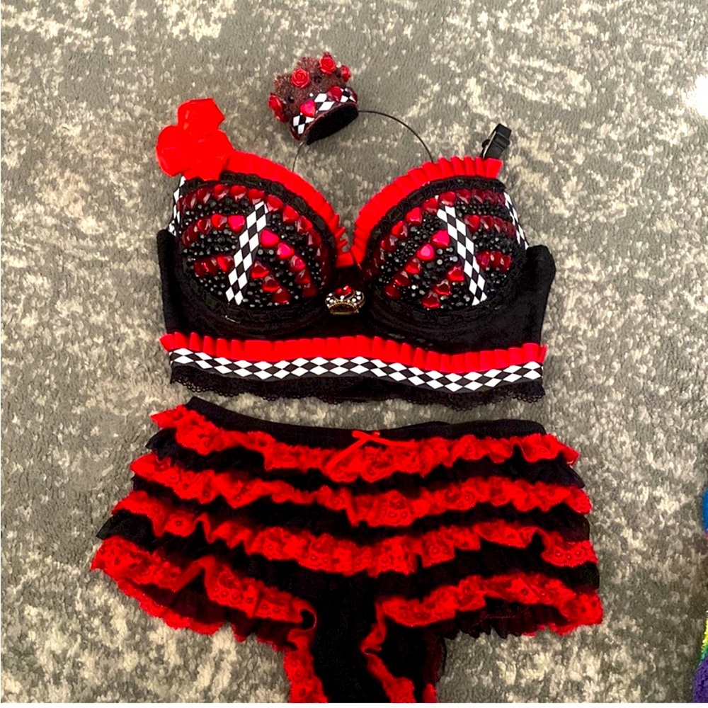 Red Queen Themed Hand embellished bustier with bloomers and matching headband